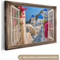 OneMillionCanvasses® Leinwandbild Fensterblick - Fenster - Santorini - Landschaft - Blau - Griechisch, Fotodruck (1 St), Leinwand Bilder Klein, Wand Dekoration Aesthetic 30x20 cm