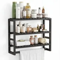 BlingBin Badregal Bambus Badezimmerregal mit 3 Ablagen und Handtuchstange, Wandmontage, Wandregal, 3 Ebenen Regal, Badezimmer Organizer, Bad Organizer 1-tlg., 42 x 15 x 42.67 cm Badezimmer Wandregal, Verstellbare Schicht Regal