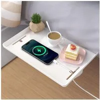 LA CUTE Nachttisch Ablage Katzen Bettablage, Nachttisch zum Einhängen, Regal Hochbett (1-teiliges Bettregal zur seitlichen Befestigung am Bett, 1x Bettregal aus ABS mit Kabelöffnungen, Farbe Weiß), Klemmbares Bettregal mit 15 kg Tragkraft und Kabelöf