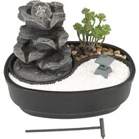 Lemodo Zimmerbrunnen Tischbrunnen mit Zen-Garten, Pumpe mit LED-Beleuchtung
