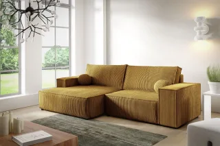 Ecksofa Schlafsofa CORUNIA XS Stoff Poso Honiggelb Ottomane Links