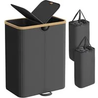 SONGMICS Wäschekorb, 2 Fächer,150 Liter,Deckel,herausnehmbarer Wäschesack,schwarz-beige
