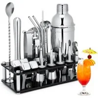 PFCTART Cocktail-Set Cocktail Set 23-tlg. mit Ständer, 750ml Edelstahl Cocktailshaker, (Set, 23-tlg., Cocktail Zubehör für Zuhause, Party & Geschenk, inkl. Acrylhalterung), Inkl. Rezeptbuch, Messbecher, Barsieb,Eissteine für perfekte Cocktails