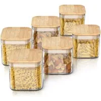 Arendo Aufbewahrungsbecher Glasbehälter-Set 6x 0,8 L Borosilikatglas mit Bambusdeckel, luftdicht, Borosilikatglas, Bambus, Silikon, (Vorratsbehälter-Set, 6-tlg., 6er Set), Hitzebeständig, umweltfreundlich, langlebig, mikrowellengeeignet