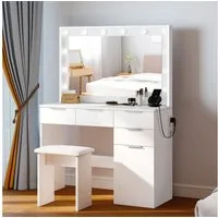 oyajia Schminktisch Kosmetiktisch mit Spiegel und Hocker, Kosmetikspiegel und 5 Schubladen (Make-up Tisch mit 5 Schubladen und 3 offene Ablagen, mit USB-Anschluss), Frisierkommode mit LED Beleuchtung,Schlafzimmermöbel Vanity Set