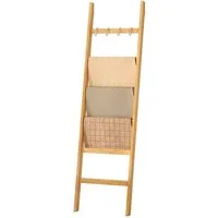 Yorbay Handtuchleiter Handtuchhalter Bambus, 6 Ebenen Leiterregal, 4 Haken und 2 Sicherheitsgurten, 43x170 cm, für Bad, Wohnzimmer