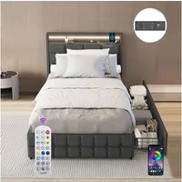 oyajia Polsterbett LED Doppelbett 140x200cm mit Ladefunktion und 2 Schubladen Polsterbett, Einzelbett Bettgestell mit Kopfteil und Lattenrost, Leinen Polsterbett