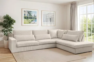 Ecksofa Designersofa THORA in Stoff Poso Altweiß Ottomane Rechts