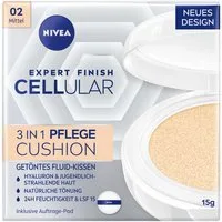 Nivea Foundation CELLULAR EXPERT FINISH 3IN1 CUSHION LSF 15, spendet Feuchtigkeit, ebenmäßigere Haut, mindert Fältchen.