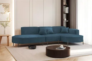 Ecksofa Designersofa VALENCIA in Stoff Noel Blau Ottomane Rechts