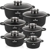 Zilner Topf-Set Schöne schwarze Töpfe in 6 verschiedenen Größen, Steinbeschichtung, Keramik, Aluminium, Edelstahl, Aluminiumguss (1.3L / 2.3L / 3.2L / 4.5L / 6.8L, 12-tlg., Es ist eine perfekte Geschenkidee für jeden Anlass. Bestseller Topfset), Inno