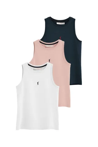 Dreierpack ärmellose Damen-T-Shirts marineblau, weiß und blassrosa im Slim Fit mit Rigby Go Stickerei