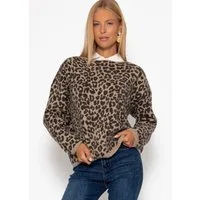 SASSYCLASSY Strickpullover Pullover mit Leo-Muster für Damen Weicher Strickpullover mit U-Boot Ausschnitt Rosa Hellgrau Beige