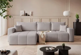 Ecksofa Schlafsofa Sofa LEROS XL in Stoff Manila Hellgrau Ottomane Links
