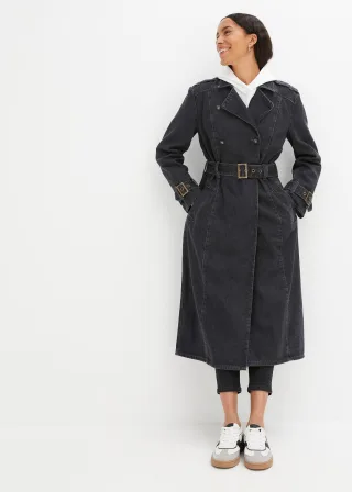 bonprix Denim Trenchcoat, grau, Gr.38, Trendy Denim Trenchcoat mit Gürtel, aus 100% Baumwolle