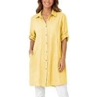 dy_mode Longbluse Damen Leinen Longbluse Sommer Hemdbluse Blusenkleid Luftige Tunika in Unifarbe, mit Knopfleiste