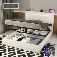 oyajia Polsterbett LED Doppelbett 140x200cm mit Ladefunktion und Hydraulisch anhebbarer (PU-Leder material Polsterbett mit RGB Beleuchtung, ohne Matratze, ohne Matratze), mit Lattenrost und Ladefunktion, mit Komforthöhe, Leises Design Bett