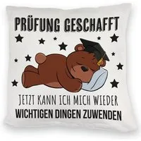 speecheese Dekokissen Schlafender Bär mit Doktorhut Kuschelkissen Spruch Prüfung bestanden