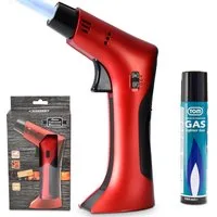 TOM Flambierbrenner Set mit 1 x 100 ml Gaskartusche, 1250°C, Piezozündung, Nachfüllbar