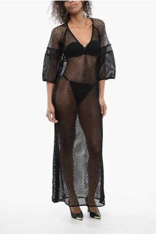 Kaftankleid aus Netzstoff mit Logoband in Schwarz