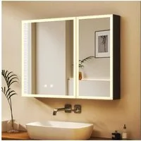 WDWRITTI Badezimmerspiegelschrank mit Beleuchtung 80 x 60 cm, Spiegelschrank Schwarz mit touch, 2 türen (Alu Schrank, Doppelseitiger Spiegel, 3Lichtmodi, Dimmbar, Anti-fog, Memory) mit Netzadapter, Verstellbare Glasböden