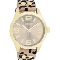 OOZOO Quarzuhr XXL Damenuhr C1097 - Quarzuhr in Gold mit taupefarbenem Lederarmband, im Animalprint, rundes Gehäuse, 46 mm