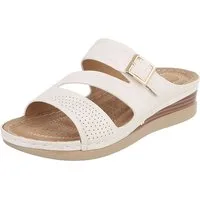 Ital-Design Damen Keilsandale mit Schnalle und Komfortfußbett Pantolette (91849238) Keilabsatz/Wedge Keilsandaletten in Creme