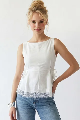 Ärmellose Popeline Bluse mit Krawattenfront