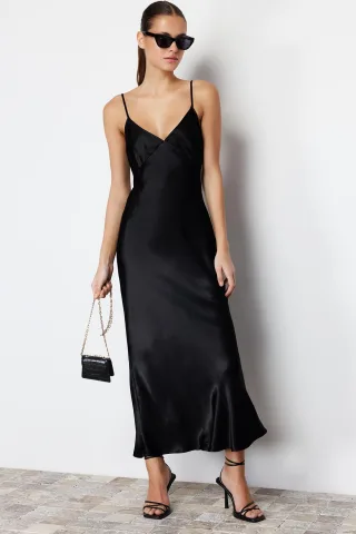 Unifarbenes Maxikleid mit Spaghettiträgern für Damen, Abend-/Alltagskleid, normale Passform