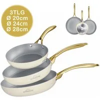 HOMELUX Pfannen-Set Bratpfanne Keramikpfanne Induktion Aluminium Pfanne mit Edelstahlgriff, Aluminium (Pfannenset, 3-tlg), Indukion,Keramikbeschichtung,weiß grau pfanne, gold griff