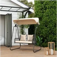 Outsunny Hollywoodschaukel mit verstellbar Sonnendach, Kissen, bis 240 kg belastbar, 2-Sitzer, Entspannen, Rattan-Schaukelstuhl, 1 tlg., 2 Sitzer Gartenschaukel, für Garten, Balkon, 149 x 121 x 180 cm, Khaki