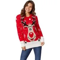 dressforfun Weihnachtspullover Festtagspullover, Strickpullover in weihnachtlicher Farbgebung (Nikolauspullover, Konfektionsgröße M in rot) Warm, weich und angenehm zu tragen, Unterer Bereich weiß abgesetzt