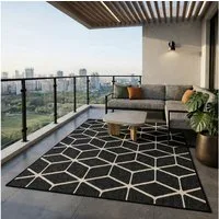 Vimoda Outdoorteppich In- & Outdoor Teppich Bienenstock Optik Raute Muster, für Balkon Küche, Rechteckig, Höhe: 5 mm, Robuster Flachgewebe Läufer Outdoor in Creme & Schwarz