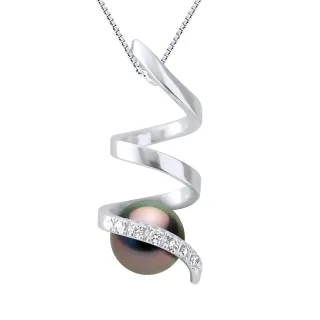 Anhänger Spiraldiamanten 0,06 cts – Qualität HSI – Weißgold – echte Tahiti-Zuchtperle rund 7–8 mm