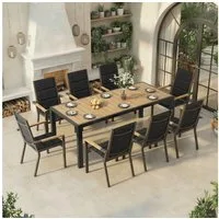 HOMALL Garten-Essgruppe 150/180cm Holzoptik Aluminiumtisch und Gartenstühle mit Holzarmlehnen, (9-tlg), Stapelbare Gartenstühle bis 160kg, rostfreier Aluminiumtisch bis 100kg