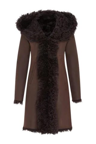 Brauner Trenchcoat aus Schaffell und Leder mit Kapuze für Damen in Toscana-Optik - Coast