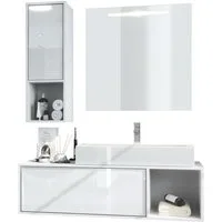 Vladon Badmöbel-Set La Costa, (Badezimmer-Set mit 2 Hochschränken, 1 Unterschrank, LED-Spiegel, Waschbecken und Armatur), Korpus Weiß matt/Fronten Weiß Hochglanz (126,5 x 195 x 46 cm)