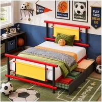 Flieks Metallbett, Kinderbett Einzelbett 90x200cm mit 2 Schubladen & leuchtenden Farben