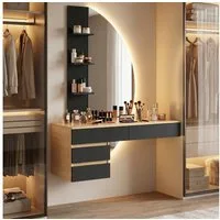 HOMALL Schminktisch Hängender Schminktisch mit drei einstellbaren Farbtemperaturen (LED-Silikon-Lichtleiste in drei Farben, Maße: 106 × 40 × 143 cm, mit 3 offenen Ablagefächern und 2 Schubladen, für vielfältige Einsatzmöglichkeiten geeignet)