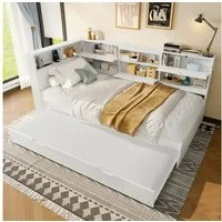 Flieks Daybett, Holzbett 90x200cm mit Ausziehbett 90x190cm, Ladefunktion und Stauraum