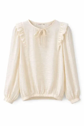 Strukturierte Rüschen-Crew-Neck-Bluse