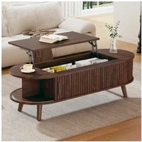 KLAM HOME Couchtisch Höhenverstellbarer Couchtisch mit verstecktem Stauraum (Praktischer Beistelltisch mit 5 Ablageflächen), Moderner Sofatisch in Nussbaum-Optik