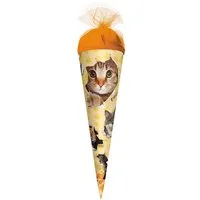 Roth Schultüte Katzenparty, 22 cm, rund, orangefarbiger Tüllverschluss, Zuckertüte für Schulanfang