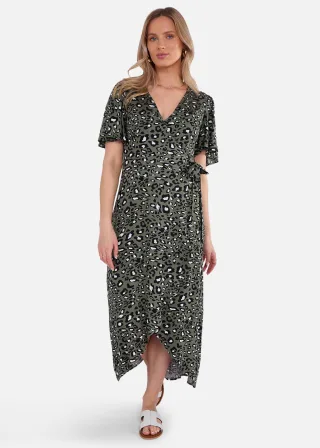 Khakifarbenes Viskose-Wickel-Midikleid mit Tiermuster