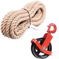 STANKE Umlenkrolle mit Haken und Juteseil, (2-teilig), Seilwinde Seilzug Seilrolle Flaschenzug Baurolle Bau Aufzug