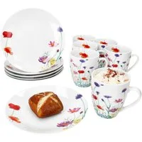 MamboCat Frühstücks-Geschirrset 12tlg Frühstücksset Marie Porzellan 6 Personen Teller Kaffeebecher, Porzellan