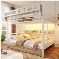 Flieks Etagenbett, Metallbett 140x200cm mit Schubladen LED-Beleuchtung Aufbewahrungskorb