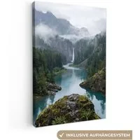 OneMillionCanvasses® Leinwandbild Wasserfall - Bäume - Berge, Fotodruck (1 St), Leinwand Canvas Wandbild, Wanddekoration 20x30 cm