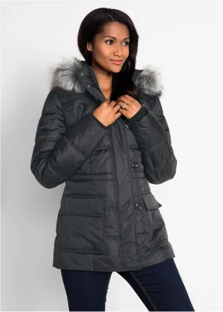 bonprix Steppjacke mit Kapuze, schwarz, Gr.50, Moderne, dick wattierte Steppjacke mit Kapuze und abtrennbarer Fellimitatverzierung