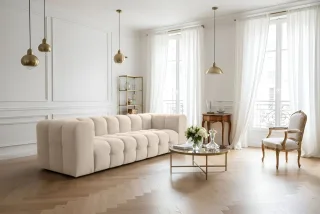Sofa Designersofa SOLVIE 4-Sitzer in Stoff Tiffani Beige